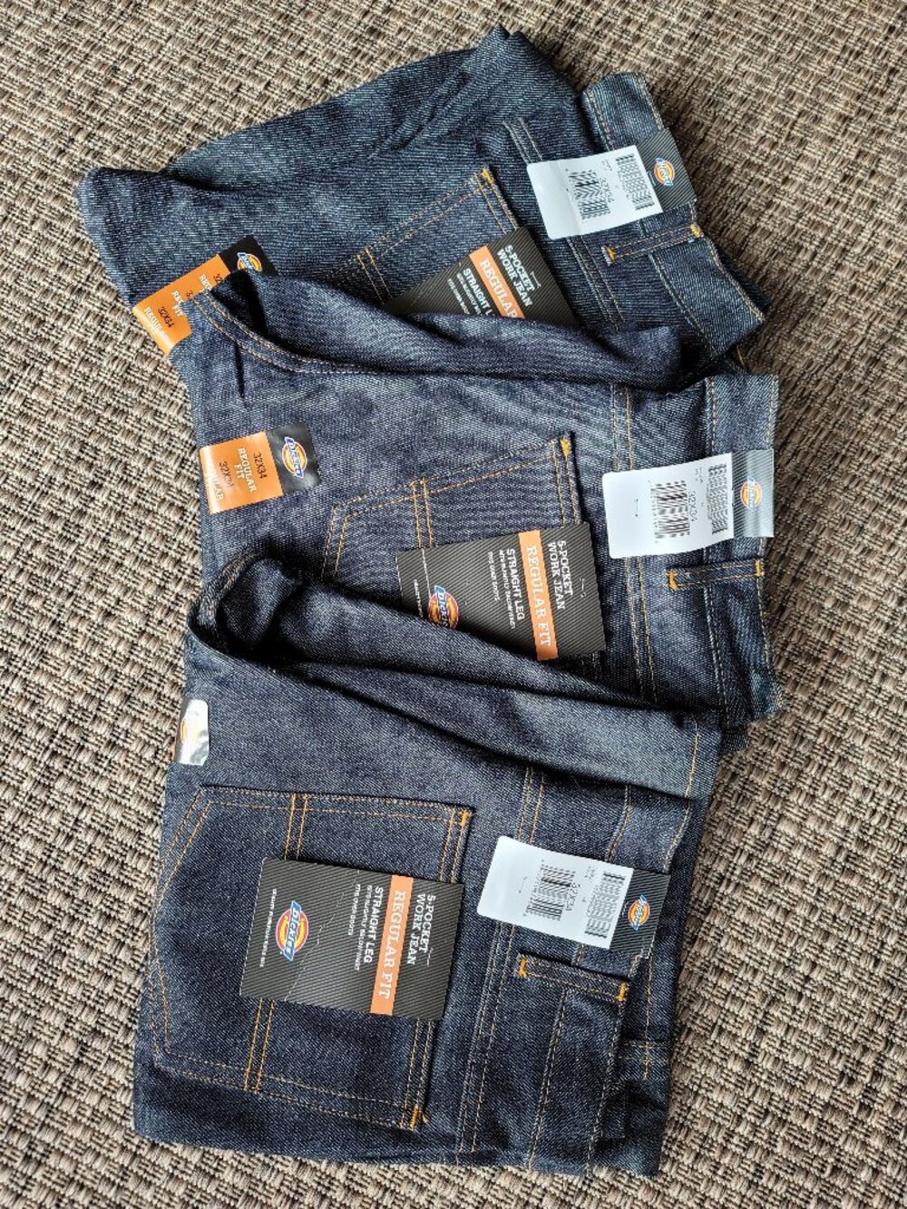 LOT of 3 Dickies 32 W x 34 Long Regular Fit Straight Leg 100% cotton Denim Jeans